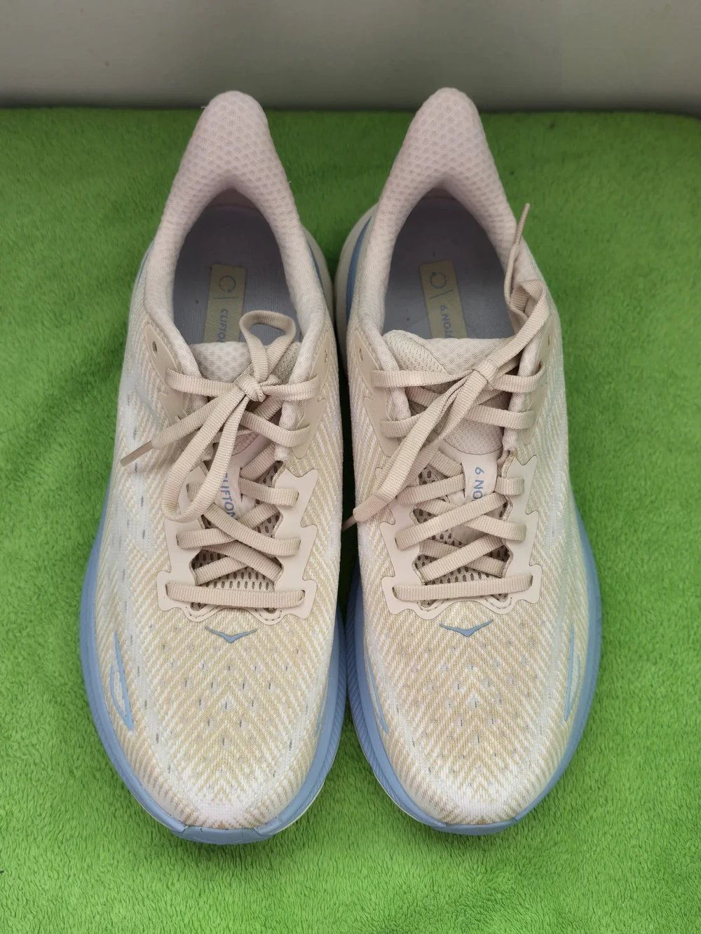 Hoka Women's Clifton 9 Running Shoe - Beige & Light Blue Accent